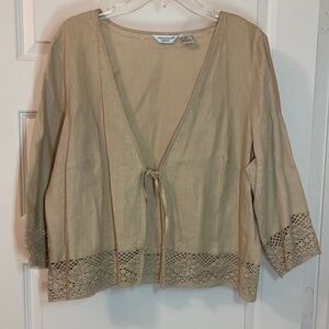 Richard Malcolm Tan Tie front jacket 100% Linen SZ 1X plus size crochet accent